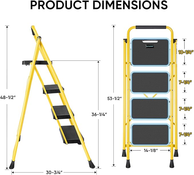 TICONN 4 Step Ladder, Heavy Duty Foldable Step Stool, Portable Steel Folding Stool for Household Garage Storage (Yellow)