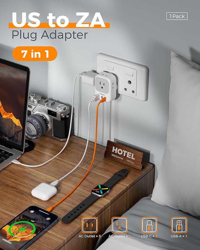 TESSAN South Africa Plug Adapter, Type M Adapter for South Africa with 4 Outlets 3 USB (2 USB-C), Type M Adaptor for US to Namibia Botswana India Nepal Mozambique Sri Lanka