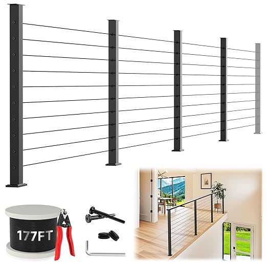 36" Expandable 12-16FT Black T304 Cable Railing Post Kit, Complete Cable Railing System with 4 Level Posts & 177ft 1/8" Wire Rope(No Handrail), Adjustable Length Easy DIY for Decks/Porch