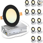 LVWIT 12 Pack Ultra-Thin Recessed Lighting 4 Inch with Junction Box, 800LM 2700K-5000K 5CCT LED Ceiling Lights, Dimmable Canless Wafer Downlight, ETL,FCC&IC, Smooth Trim, Black