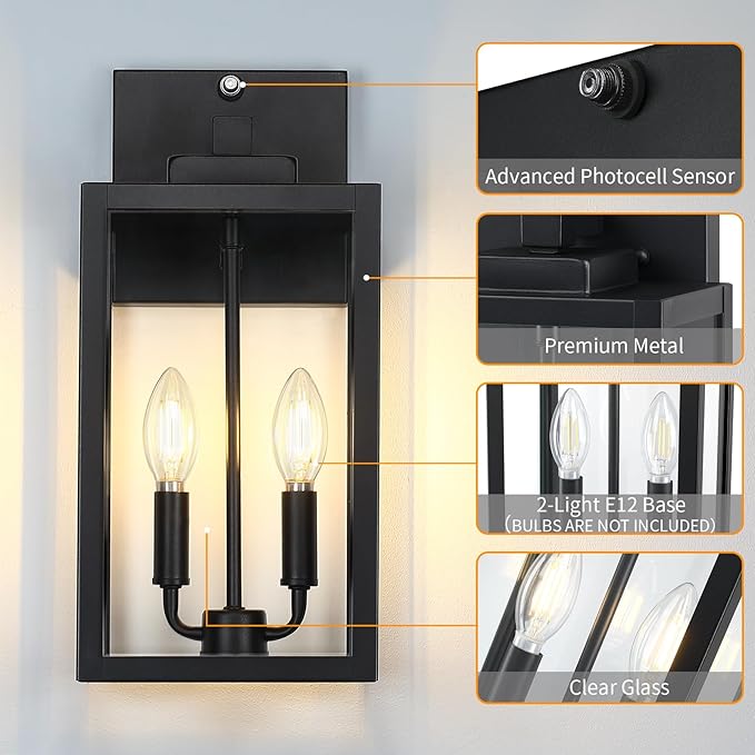 15.4" Dusk to Dawn Black Outdoor Wall Lantern 2-Light, Outside Modern Wall Sconce Light Fixture, Industrial Porch Light with E12 Sockets, Waterproof Exterior Lamp Lighting, 1 Pack