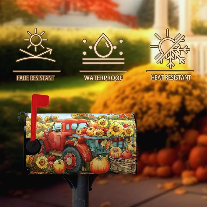 Fall Pumpkins Sunflower Mailbox Covers Magnetic Standard Size 21 X 18 Inch Autumn Red Truck Harvest Mailbox Wraps Cover Thanksgiving Letterbox Cover for Garden Yard Outdoor Decor