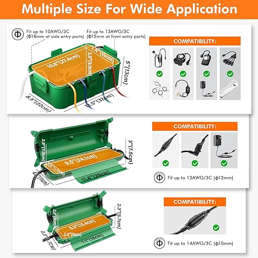 2 Pack of IP44 Outdoor Waterproof Box by Restmo, Weatherproof Extension Cord Cover, Safety Connection Seal for Outdoor Outlet, Electrical Plug, Holiday Decorations, LED Strip Light, Power Tool, Green