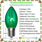 C9 Christmas Light Replacement Bulbs, 25 Pack Clear Green Christmas Light Bulbs, E17 Intermediate Base Bulb for Outdoor String Lights St Patricks Day Xmas Lights, 7Watt
