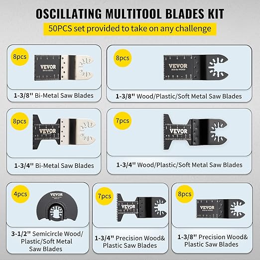 VEVOR 50 PCS Oscillating Saw Blades, Universal Quick Release Oscillating Saw Blades, Multitool Tool Blades for Wood Plastic Metal Nails, Compatible with Milwaukee Dewalt Dremel Fein Worx Bosch Makita