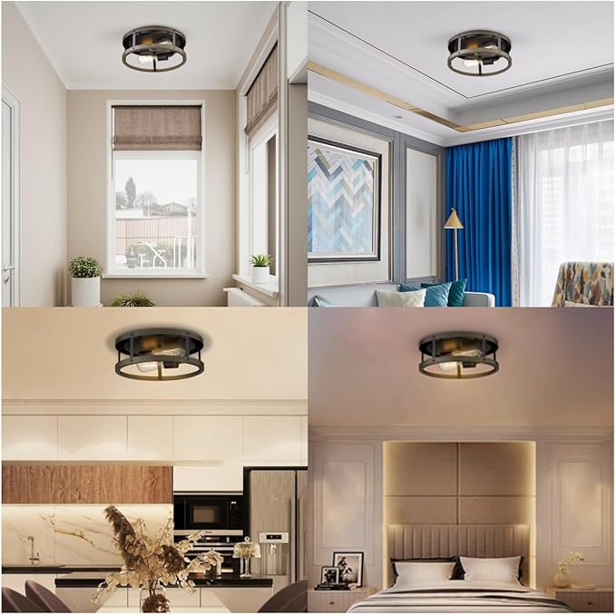 EAPUDUN Farmhouse Flush Mount Ceiling Light, 13" Imitation Wood 2-Light Fixture, Retro Style Lamp for Hallway, Entryway, Bedroom, Kitchen, Dining Room (FMA1138-FBDT)