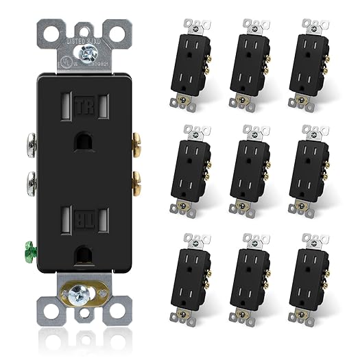 ELEGRP Decorator Wall Receptacle Outlet, Tamper Resistant 15 Amp Standard Electrical Wall Outlet, Residential Grade, Self-grounding, 125V, 2 Pole 3 Wire, 5-15R, UL Listed, Glossy Black, 10 Pack
