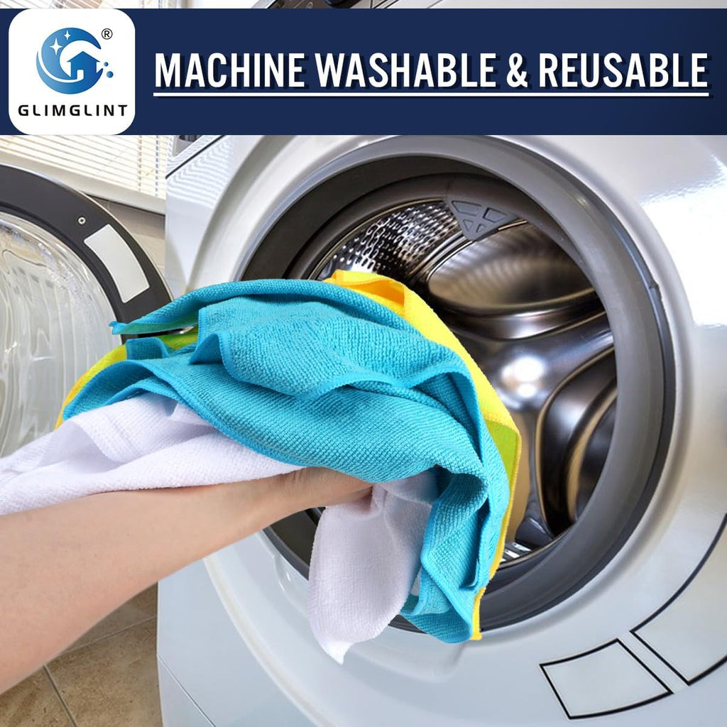 GLIMGLINT Microfiber Cleaning Cloth, 150 Pack Cleaning Rags, Cleaning Towels with 3 Color Assorted, Shop Towels 14"X12"(Yellow/White/Blue)