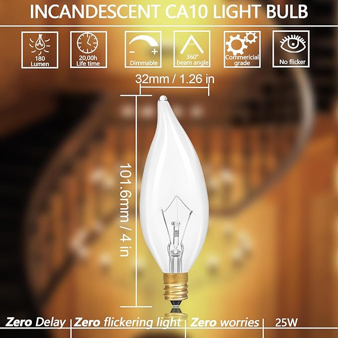 Potanro E12 Incandescent Light Bulbs 25Watt Warm White 2700K, 180 Lumens Candelabra Light Bulbs Decorative Dimmable Chandelier Bulbs for Ceiling Fan, Pendants (25W-20Pack)