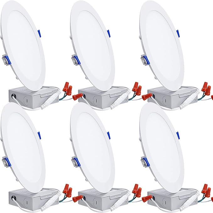 TORCHSTAR 8 Inch Ultra-Thin LED Recessed Ceiling Light with Junction Box, 4000K Cool White, 18W High Brightness Dimmable Slim Canless Wafer Downlight, ETL & ES, Pack of 6