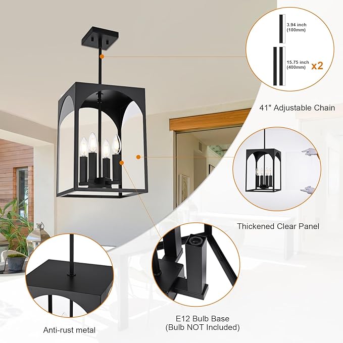 VINLUZ Large Outdoor Indoor Pendant Light 4-Light, Classic Black Finish Metal Chandelier Outside Hanging Fixture Ceiling Mount with Clear Glass Shade for Front Porch Entrance Foyer