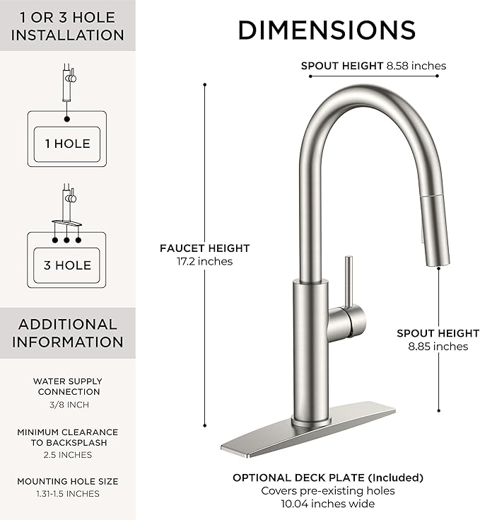 FORIOUS Kitchen Faucet with Pull Down Sprayer, Classic Brushed Nickel, Single Handle High Arc Stainless Steel Kitchen Sink Faucet, 1 or 3 Hole Deck Mount for RV, Bar, Farmhouse, Laundry, Outdoor