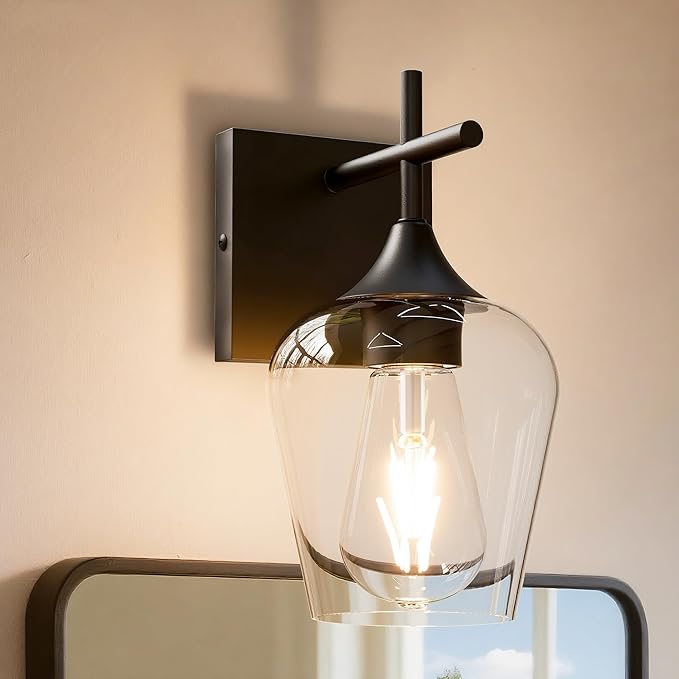 Vanity Bathroom Light, 1-Light Bathroom Light Fixtures Over Mirror, Black Vanity Lights for Bathroom with Clear Glass, Modern Wall Lamp for Cabinet Hallway, Bedroom