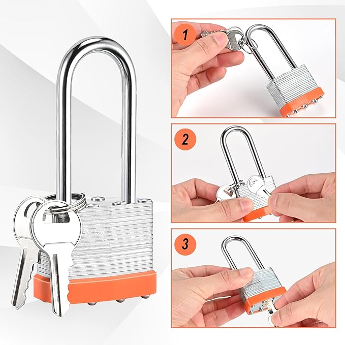 6pcs Solid Keyed Alike Padlock with 12 Same Keys - Resist Cutting, Gym Locker Lock with Key, Storage Pad Lock for Locker Gym Gate Outdoor Indoor Use (Long Shackle)