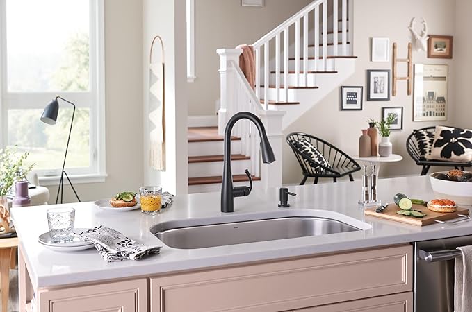 Moen Essie Matte Black Single Handle Pull-Down Sprayer Kitchen Faucet with Soap Dispenser, Reflex and Power Clean Technology, 87014BL