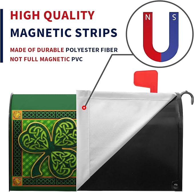 St. Patrick's Day Mailbox Cover - Magnetic, Standard Size, Green Shamrocks & Four Leaf Clover, Waterproof, 21x18 Inch