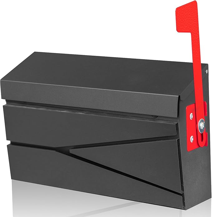 Wall Mount Mailbox, Large Capacity Mailbox for House, with Flag Kit, Galvanized Steel Rust-Proof Metal Post Drop Box, Mailboxes for Outside, 15.74"×9.84"×4.33", Black Modern Sleek Style