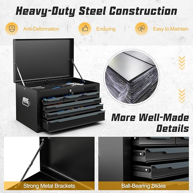 6-Drawer Tool Box, ARNOT 24" Heavy-Duty Steel Tool Chest, Portable Tool Storage Organizer with Auto-Locking Drawers, Top Tool Tray, and Side Handles for Garage, Warehouse, or Workshop Storage (Black)