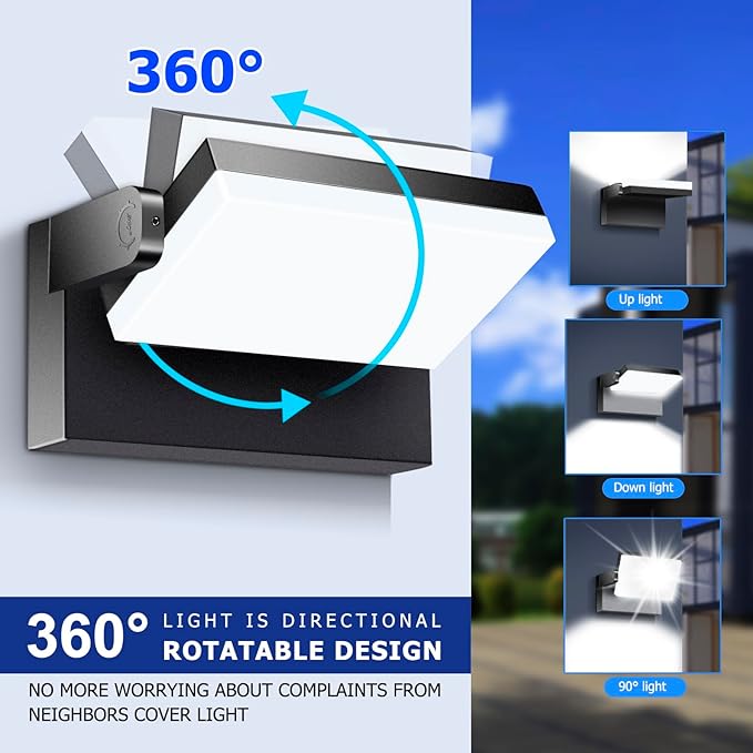 3CCT LED Outdoor Wall Lights, 4800LM, 360° Adjustable, 3 Color Modes, IP66 Waterproof, Security Wall Pack Flood Lights for Garage, Porch, Patio, Black