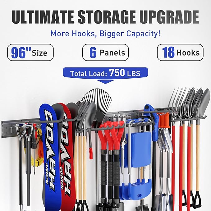 Garage Tool Organizer Wall Mount 96 inches with 18 Adjustable Heavy-Duty Hooks, Garage Organization, Garden Tool Storage Rack, Yard, and Shed, Holds Up to 750 lbs (Grey)