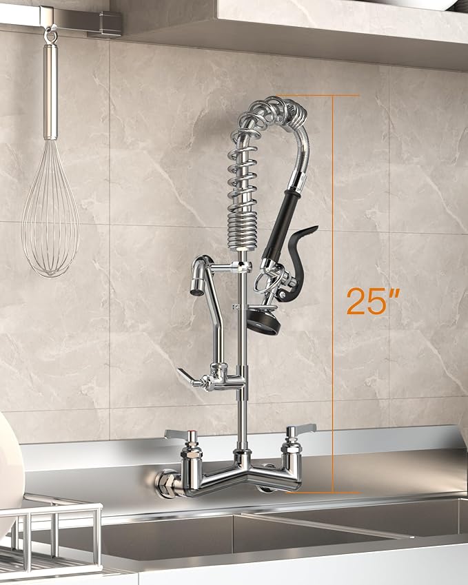 Commercial Sink Faucet Wall Mount with Pre Rinse Sprayer 8 inch Center Wall Mount Kitchen Sink Faucet 25" Height with 10" Add-on Swing Spout for 3 Compartment Sink-Round Sprayer