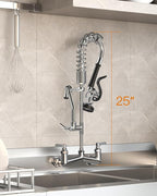 Commercial Sink Faucet Wall Mount with Pre Rinse Sprayer 8 inch Center Wall Mount Kitchen Sink Faucet 25" Height with 10" Add-on Swing Spout for 3 Compartment Sink-Round Sprayer