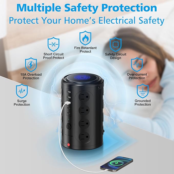 Power Strip Tower Surge Protector with 16 Outlets and 5 USB Ports (2 USB-C), 20FT Extension Cord with Multiple Outlets,Heavy Duty Charging Station,Home Office Dorm Room Essentials.No Wireless Charging