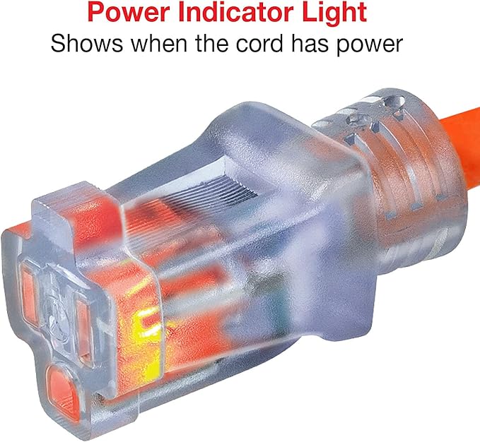 Clear Power Indoor/Outdoor Extension Cord, 25 Ft, Orange, 16AWG, 13A, SJTW [ETL Listed] 3 Prong Grounded Plug, 16/3, Water & Weather Resistant, Flame Retardant w/Power Indicator Light (CP11116)