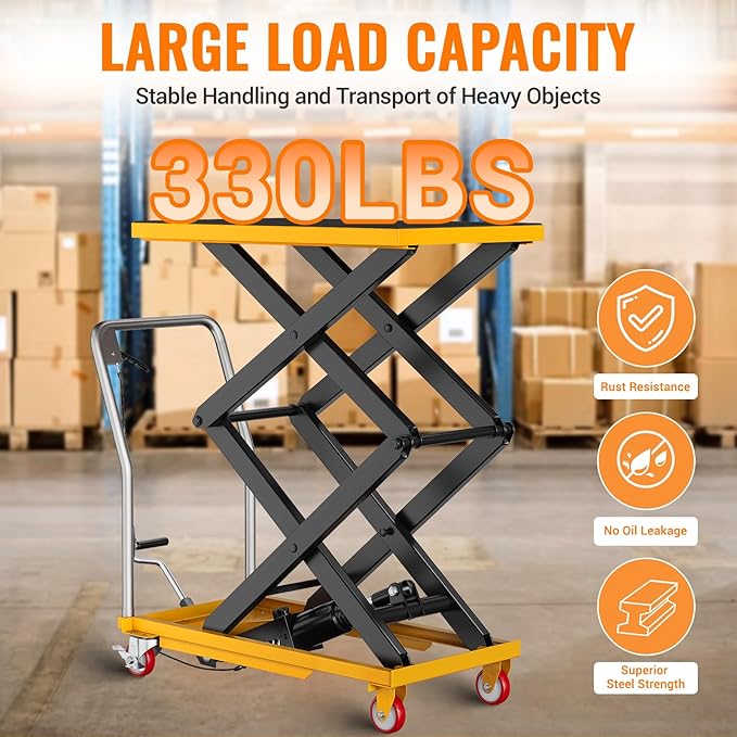 Hydraulic Lift Table Cart, 330lbs Capacity 50" Lifting Height, Manual Double Scissor Lift Table with Locking Wheels and Non-Slip Pad, Hydraulic Scissor Cart for Material Handling