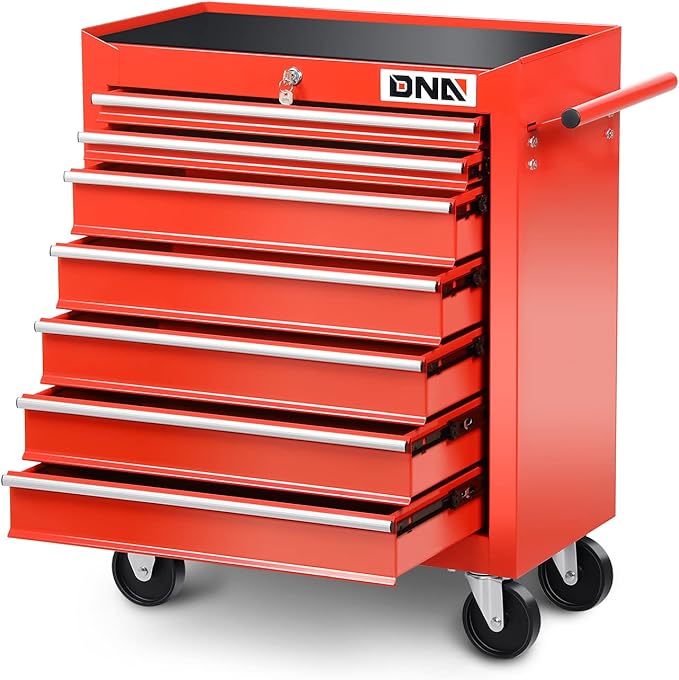 DNA MOTORING TOOLS-00264 7-Drawer Plastic Top Rolling Tool Cabinet with Keyed Locking System,27.55" L X 13" W X 30.31" H,Red