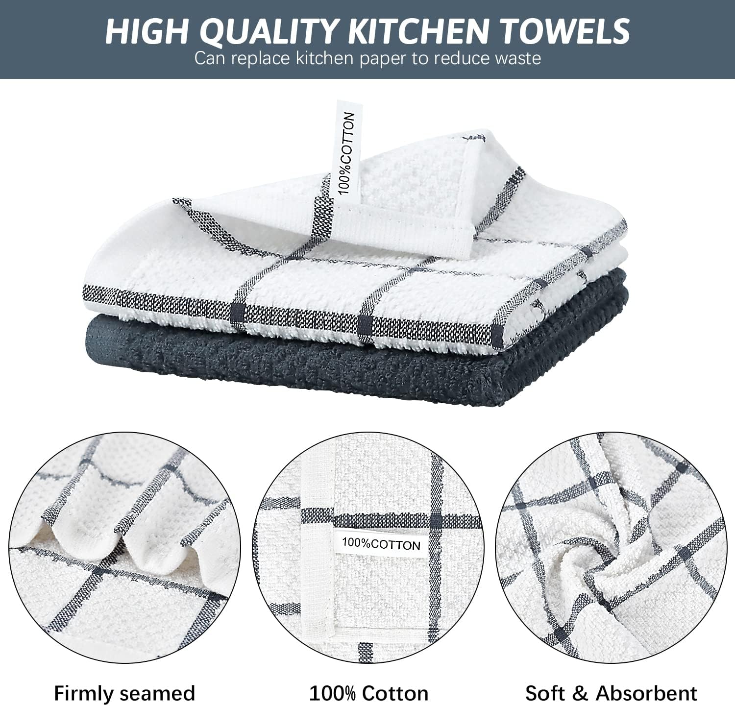 Niallant 4PCS Cotton Terry Dish Rags, Quick Drying Dish Cloths, Kitchen Towels, Grey, 12x12in