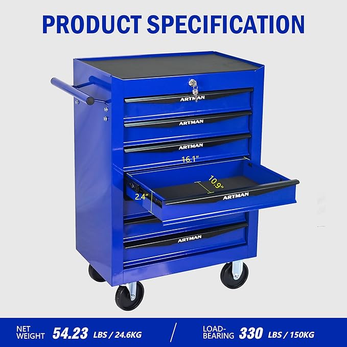 7 Drawers Rolling Tool Box on Wheels, Multifunctional Tool Chest Cabinet with Lock, Drawers Rolling Tool Cart Trolley Organizer Tool Storage Case for Warehouse,Garage,Workshop (Blue)