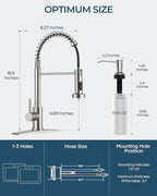 FORIOUS LED Kitchen Faucet with Soap Dispenser, Brushed Nickel Stainless Steel Traditional Spring Commercial Pull Out Sink Faucet with Pull Down Sprayer for Laundry RV Camper Bar Farmhouse