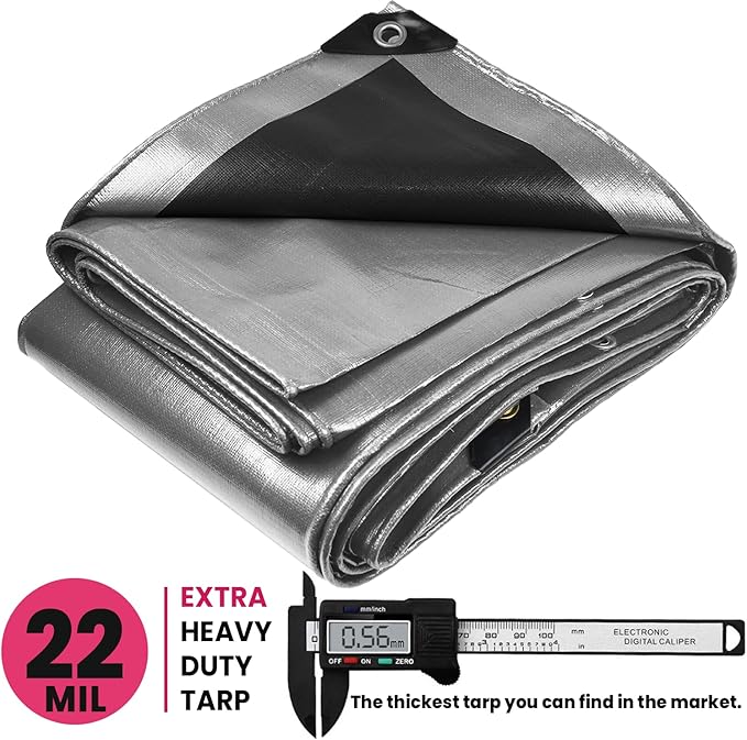 PROTARP Extreme Heavy Duty 22 Mil Tarp Cover, Waterproof, UV Resistant, Rip and Tear Proof, Poly Tarpaulin with Reinforced Edges for Roof, Camping, Patio, Pool, Boat. (Silver/Black 12′ X 20′)