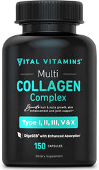 Vital Vitamins Collagen for Women & Men - Type I, II, III, V, X Multi Collagen Pills - Grass Fed, Non-GMO - 150 Capsules