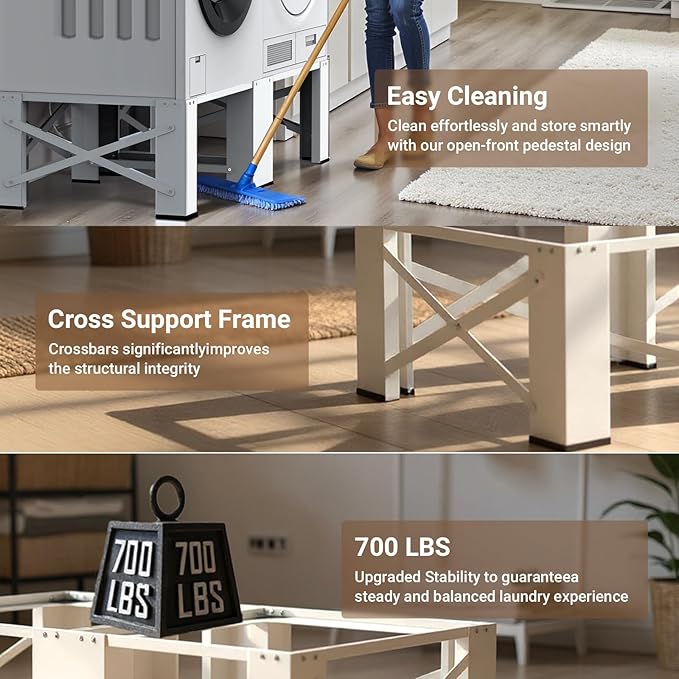 SKM 2-in-1 Washer & Dryer Pedestal Stand, 29" Universal Laundry Raiser for 4.8-5.3 cu. ft. Machines | Heavy-Duty Steel, 700LB Capacity | 12.6" Ergonomic Height, White