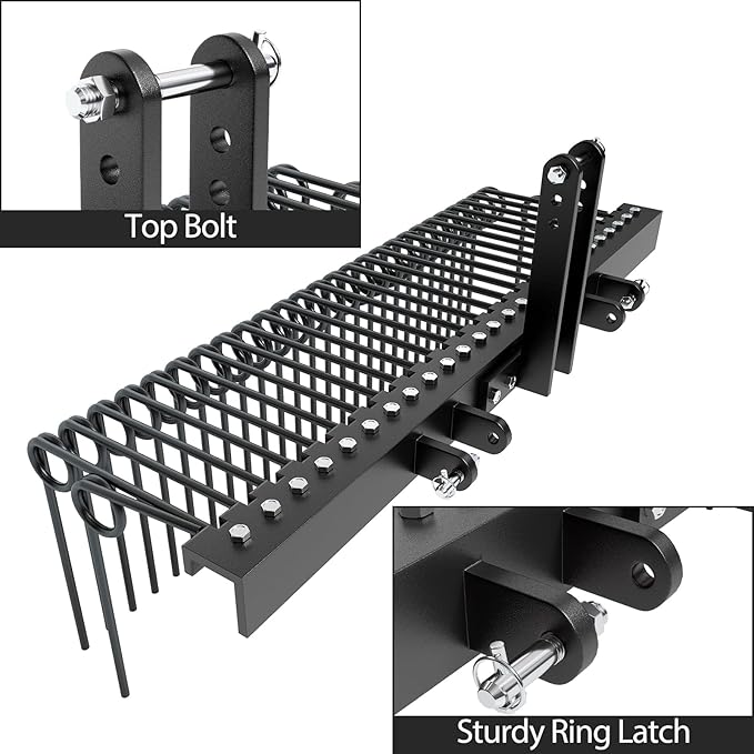 72 Inch 3 Point Tractor Rake, Pine Straw Needle Rake, Durable Powder Coated Steel Spring Landscape Rakes Fit for Cat0,Cat1,Black
