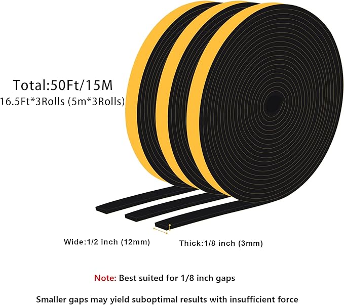 Strong Adhesive Insulation Tape, High Density Foam Weather Stripping Door Seal, Door Seal for Doors and Windows, Soundproof Weatherproof Foam Seal Tape, Noise Reduction(1/2 In x 1/8 In x 50Ft)