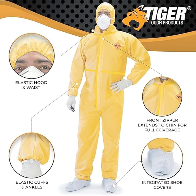 Tiger Tough Chemical Protection Coveralls, Yellow Disposable Hazmat Suit for Men & Women with Hood & Zipper