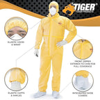 Tiger Tough Chemical Protection Coveralls, Yellow Disposable Hazmat Suit for Men & Women with Hood & Zipper