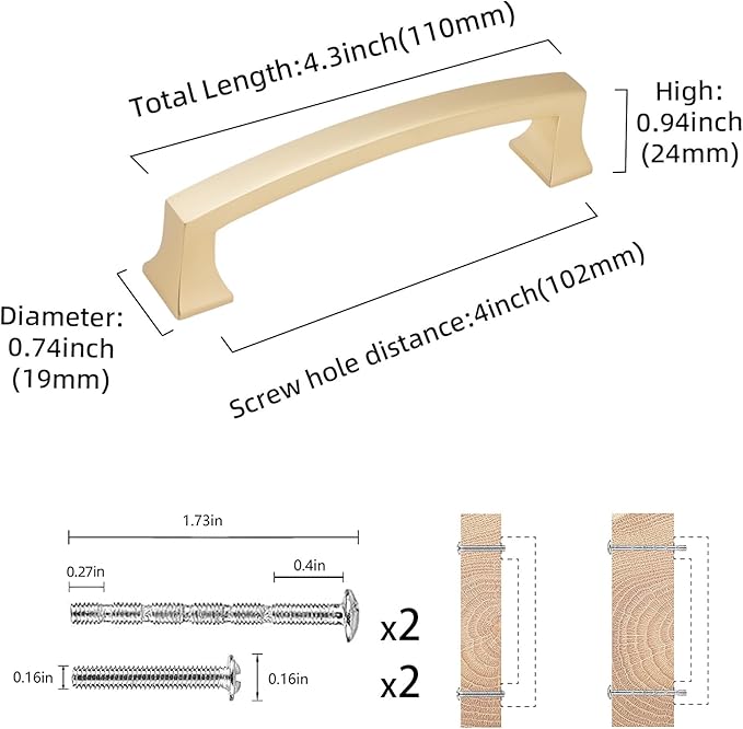 COTYKILEY 10 Pack 4 Inch(102mm) Brushed Brass Cabinet Handles Gold Kitchen Cabinet Pulls Cabinet Door Handles Kitchen Cabinet Hardware