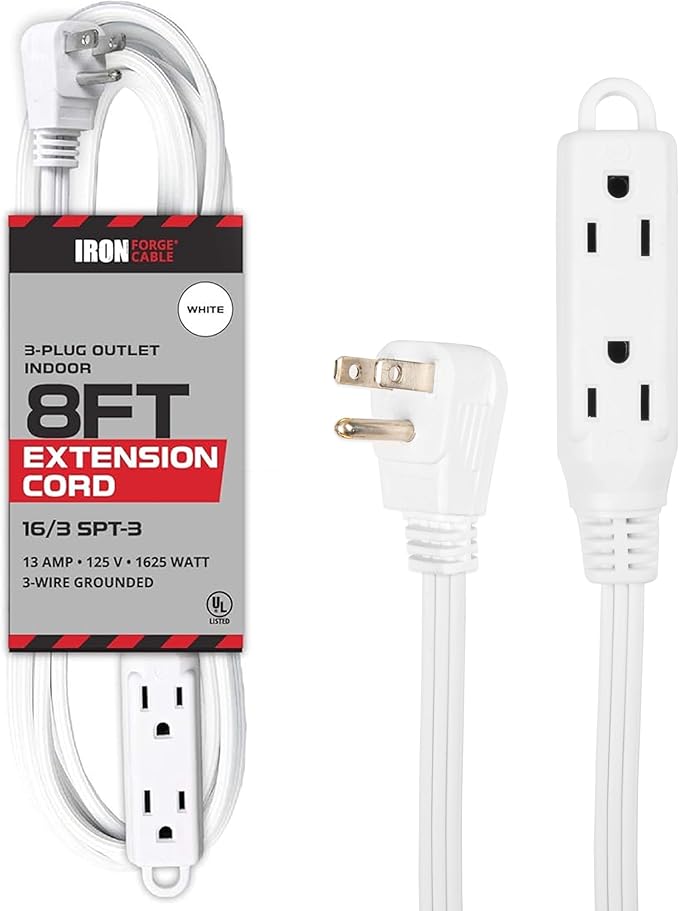 Iron Forge Cable 8 ft Flat Plug White Extension Cord with 3 Outlets - 16/3 SJTW 3 Prong Indoor Extension Cord with Multiple Outlets