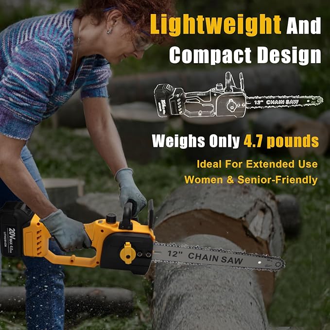 12 Inch Cordless Chainsaw Compatible With Dewalt 20V MAX Batteries with Replacement Chain, Battery Powered Chainsaw for Wood Cutting|Tree Trimming|Camping (Battery & Charger Included)