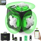 Huepar Laser Level, Self Leveling 12 Lines Cross Line Laser with LCD Screen 3 x 360° Bluetooth Connected Green Beam Laser Tool, 3D Horizontal & Vertical Laser Line -Remote Control&Rechargeable Battery