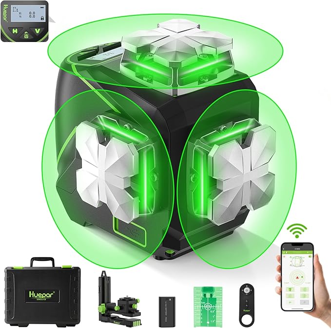 Huepar Laser Level, Self Leveling 12 Lines Cross Line Laser with LCD Screen 3 x 360° Bluetooth Connected Green Beam Laser Tool, 3D Horizontal & Vertical Laser Line -Remote Control&Rechargeable Battery