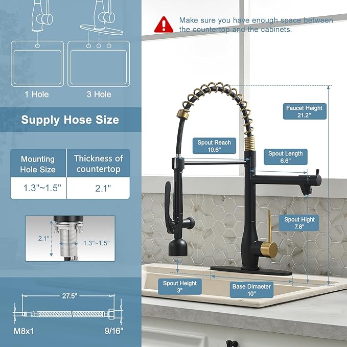 GIMILI Black and Gold Kitchen Faucet with LED Single Handle Kitchen Sink Faucet with Pull Down Sprayer Commercial Double-Headed Stainless Steel Kitchen Faucets Sink with Deck Plate