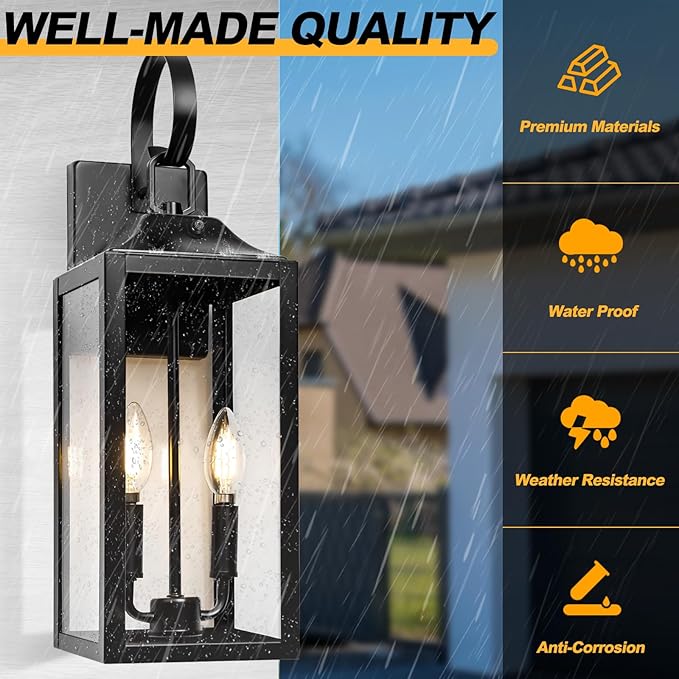 Black Dusk to Dawn Outdoor Wall Lantern 2-Light, 19" Large Outside Modern Porch Sconce Light Fixture, Industrial Porch Light Wall Mount with Glass, Waterproof Farmhouse Exterior Lamp Lighting