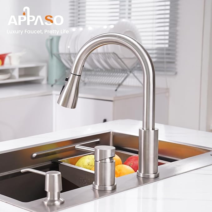 APPASO 3 Hole Kitchen Faucet, Brushed Nickel Kitchen Faucets with Soap Dispenser and Pull Down Sprayer 3 Modes, S304 Stainless Steel High Arch 3 Piece Sink Faucet with Separate Handle