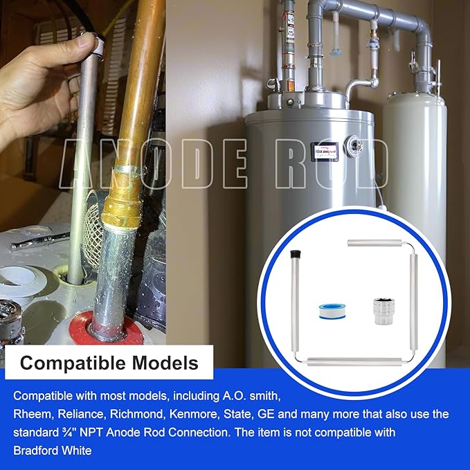 44 Inch Flexible Magnesium Water Heater Anode Rod 3/4" NPT Thread Replacement for AO Smith, Rheem, Reliance, Richmond, Kenmore, GE & State Includes 1-1/16" Hex Socket Tool & Teflon Tape