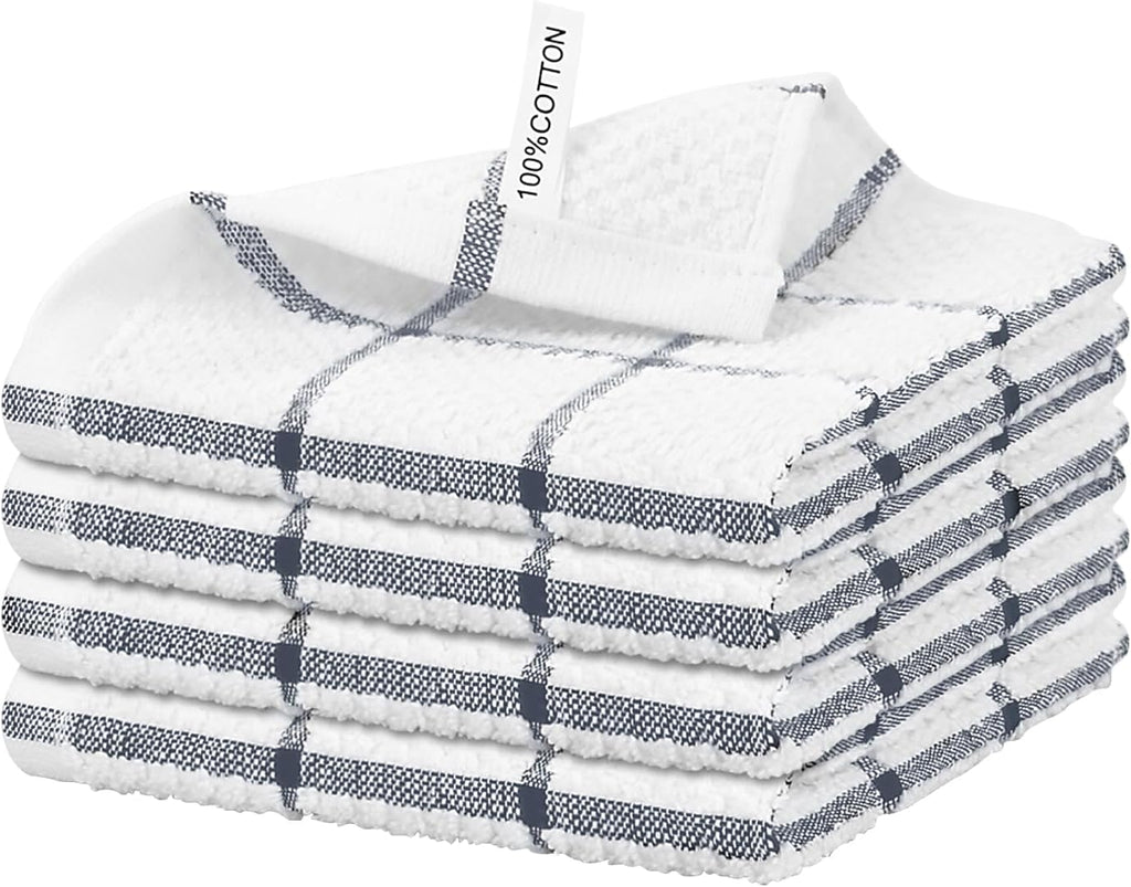 Nialnant 4PCS Cleaning Rags,100% Cotton Terry Dish Rags for Washing Dishes,Quick Drying Dish Cloths,Dish Towels for Kitchen,Grey Plaid-12x12in